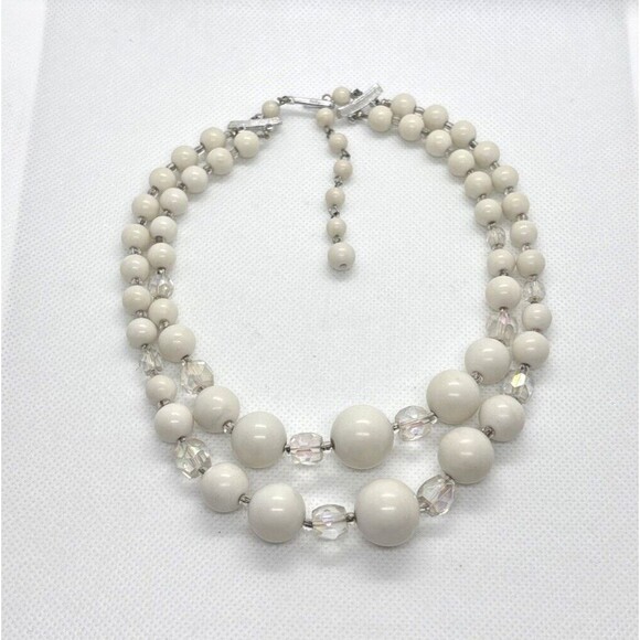 Vintage Japan White Beaded 2 Strand‎ Graduated Bead 14 - 16'' Choker Necklace - Picture 1 of 7